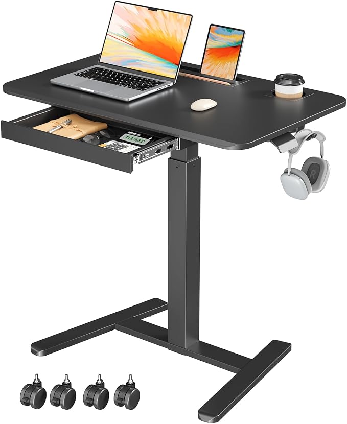 Mobile Standing Desk with Drawer, 32" Rolling Desk with Cup Holder and Hooks, Portable Laptop Cart on Wheels, Height Adjustable Workstation with Storage for Home Office, Black