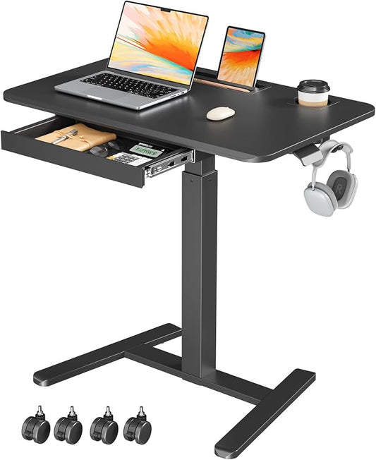 Mobile Standing Desk with Drawer, 32" Rolling Desk with Cup Holder and Hooks, Portable Laptop Cart on Wheels, Height Adjustable Workstation with Storage for Home Office, Black