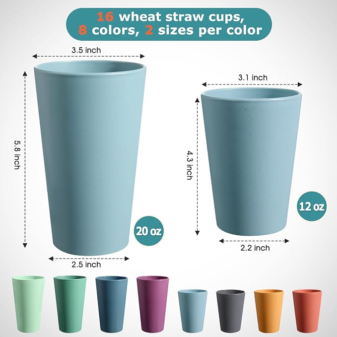 HEYCOME Set of 16 Wheat Straw Cups, 8 Pcs 20 oz & 8 Pcs 12 oz Unbreakable Drinking Cups, Reusable Plastic Cups Sets, Water Glasses Tumblers, Microwave & Dishwasher Safe, Bpa Free, 8 Colors