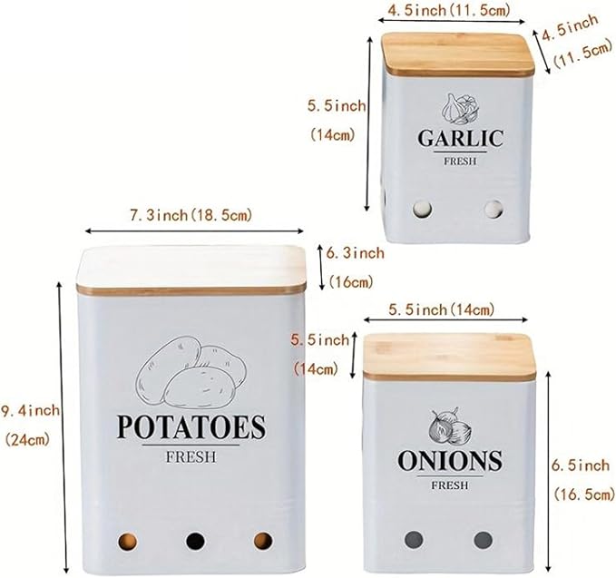 Simcat Kitchen Vegetable Storage Tins Set of 3, Potato Onion Garlic Kitchen Storage Canisters, Vegetable bin Keeper Containers with Aerating Holes and Wooden Lid (White 1)