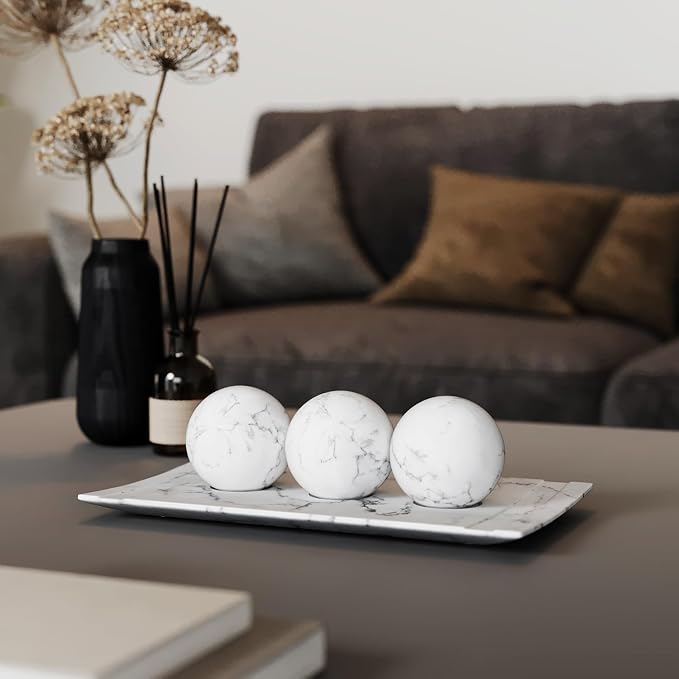 Creative Scents White Marble Look Home Decor Tray and Orb Set Coffee Table Decor for Living Room Centerpiece Table Decorations for Dining Table, Kitchen, Foyer, Entryway Elegant House Decoration