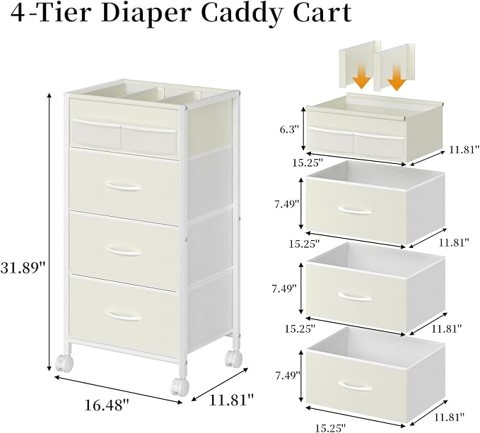 4-Tier Baby Diaper Caddy Organizer Cart with 3 Storage Drawers, Rolling Cart with Dividers & Side Pockets for Nursery, Baby Essentials, Toys, Wipes & Creams, Portable Kids Storage Cart & Station