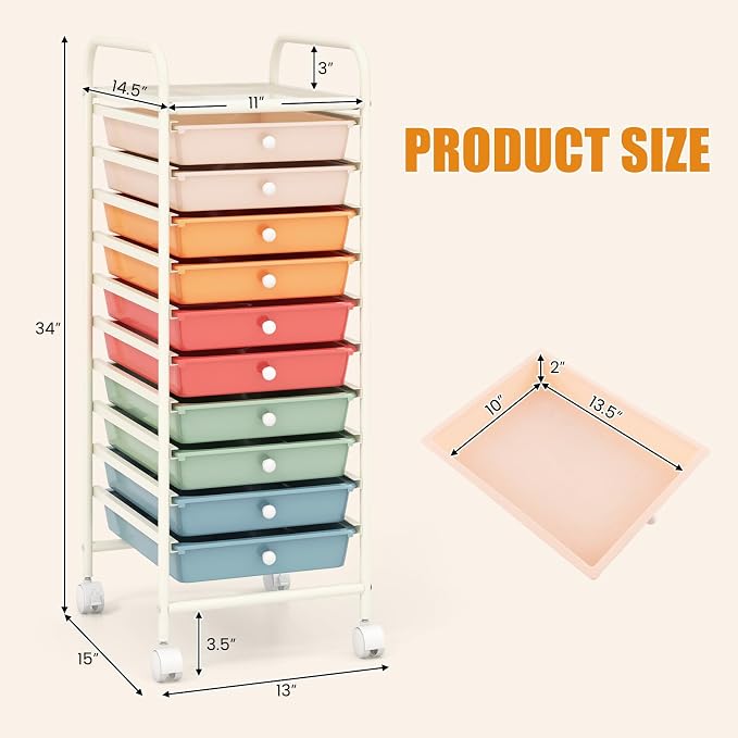 MEDIMALL 10 Drawers Rolling Storage Cart, Multipurpose Craft Storage Cart with Wheels, Mobile Tools Scrapbook Paper Organizer Cart for Office School Home Use