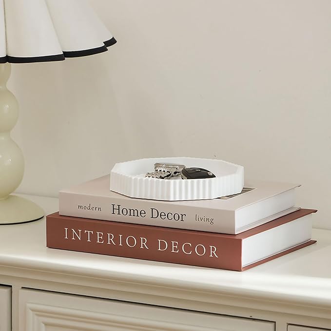 Decorative Plaster Tray & Book Decor Set - Scalloped Tray & Decorative Books Box Enhance Coffee Table or Bookshelf Decor - Modern Home Decoration for Living or Dining Room & as Housewarming Gift