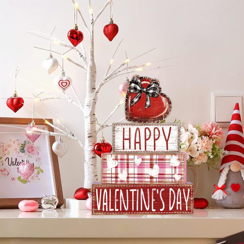 DIYDEC 4Pcs Valentine's Day Table Decoration Valentine Heart Wooden Block Signs Rustic Valentines Tiered Tray Decor Happy Valentine's Day Centerpiece Sign for Farmhouse Holiday Tabletop Party Decor