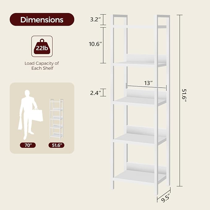 MAHANCRIS Bookshelf, 5-Tier Bookcase, Standing Book Shelf for Small Space, Storage Shelf Organizer, for Living Room, Bedroom, Study, Balcony, White BKBW5501