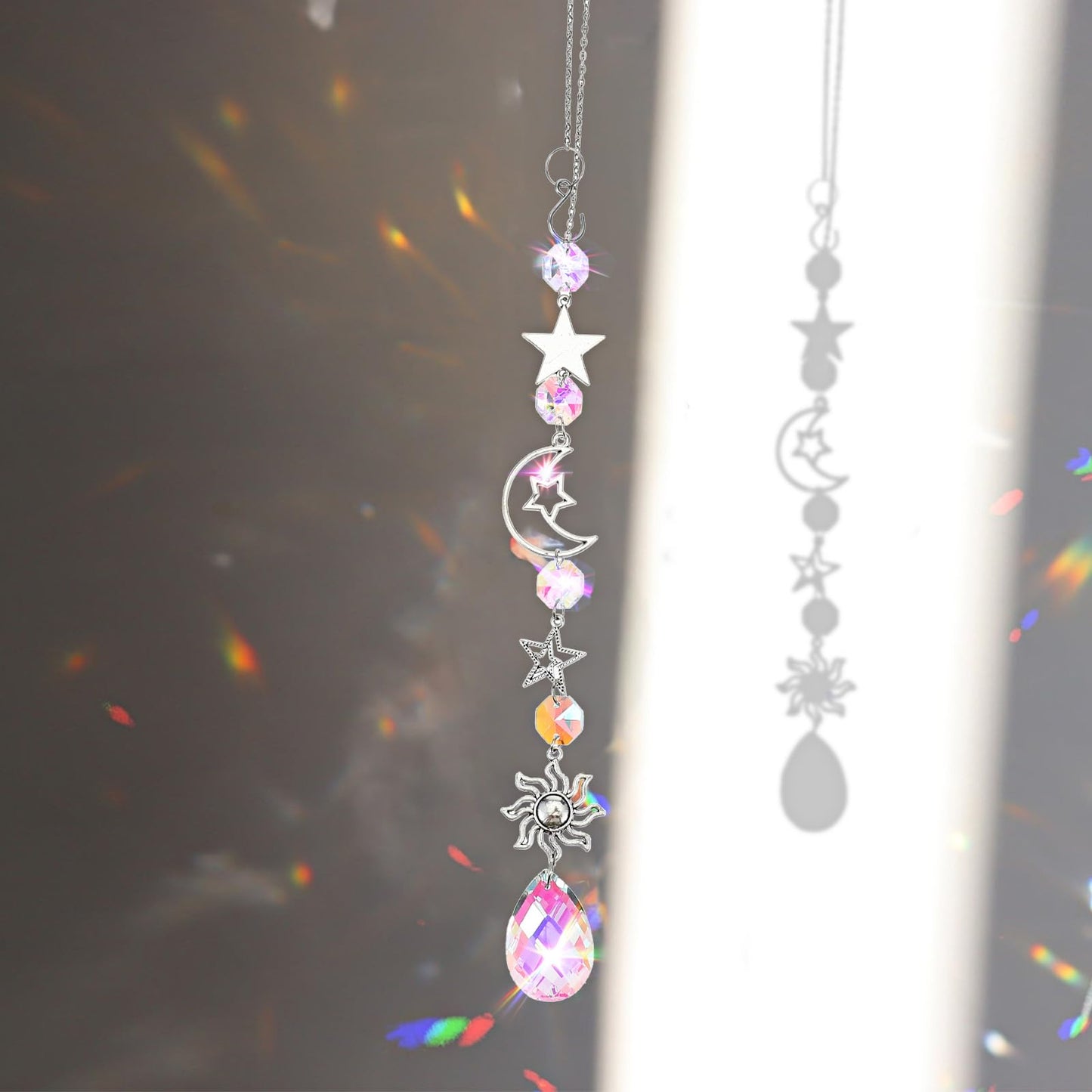 AOZUO Moon and Star Rear View Mirror Charm, Crystal Boho Car Hanging Decor Cute Suncatcher Healing Car Ornaments for Women Men