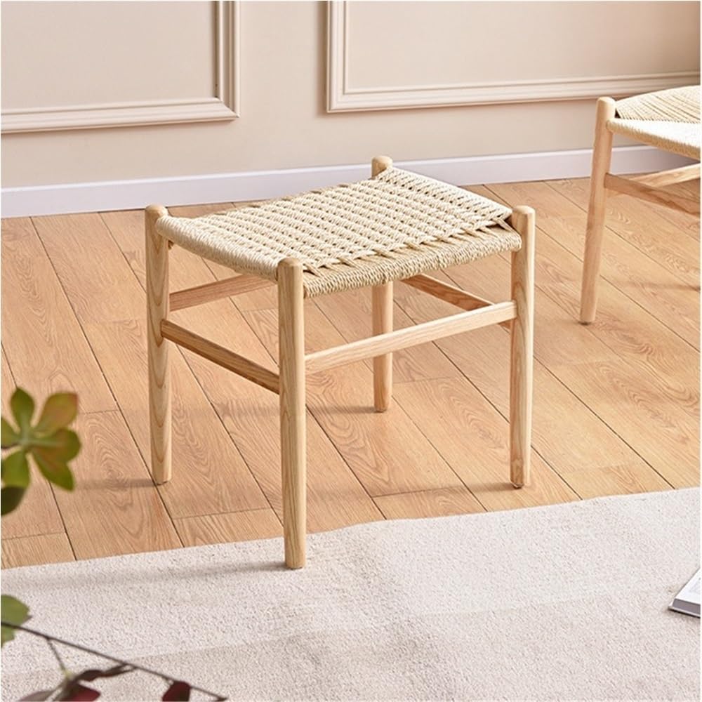 GOIPNGPK Hand Woven Stool, Solid Wood Square Stool, Simple Vanity Stool, Modern Small Stool Suitable for Living Room, Bedroom, Kitchen, Office(Brown)