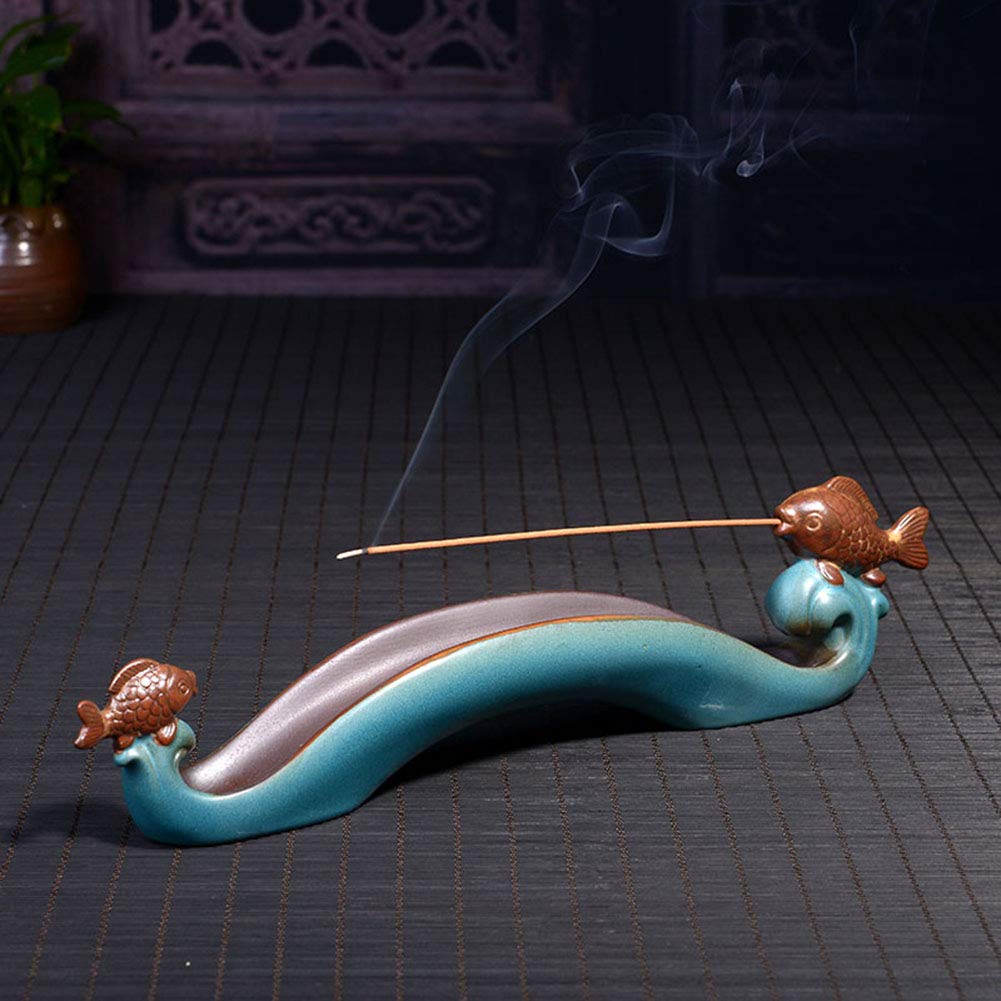 NAGU Cute Incense Holder Fish, Ceramic Incense Stick Holder Double Incense Burner, Funny Long Incense Ash Tray for Home Decoration, Yoga. Meditation, Tea