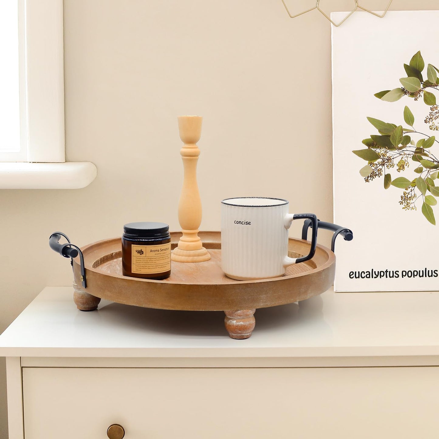 TOOLTENG Wooden Decorative Tray for Coffee Table, Round Wood Serving Tray with Metal Handles, 13 Inch Rustic Wood Trays for Tale Centerpiece, Home Kitchen Farmhouse Decor