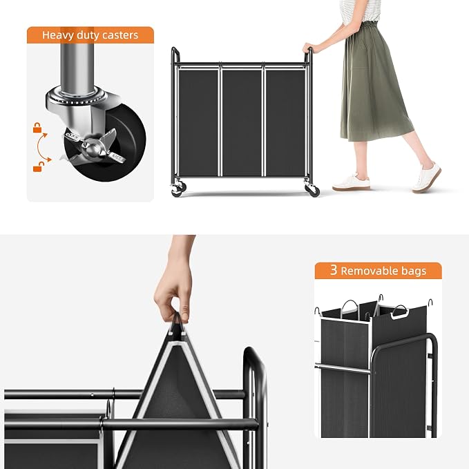 ROMOON Laundry Sorter Hamper 3 Section, Divided Laundry Basket Organizer with Heavy Duty Lockable Wheels and Removable Bags, Rolling Clothes Hamper for Apartment, Dorm & Family (135L Modern Black)