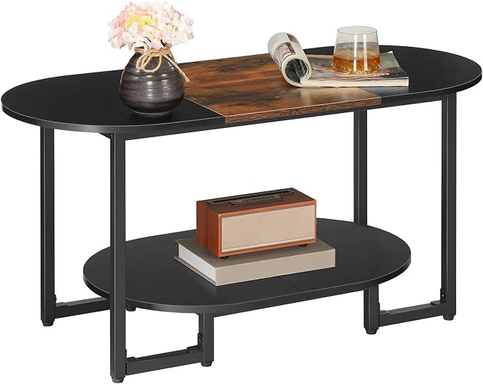 HOOBRO Coffee Table for Living Room, Oval Small Coffee Table with 2-Tier Open Storage Shelf, Industrial Cocktail Tea Table, Wooden Desktop Center Table, Home Office, Rustic Brown and Black BFK09KF01