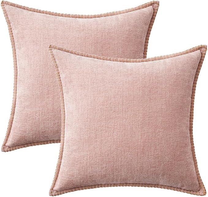 MIULEE Pack of 2 Couch Throw Pillow Covers 18x18 Inch Pink Farmhouse Decorative Pillow Covers with Stitched Edge Soft Chenille Solid Dyed Pillow Covers for Sofa Bed Living Room