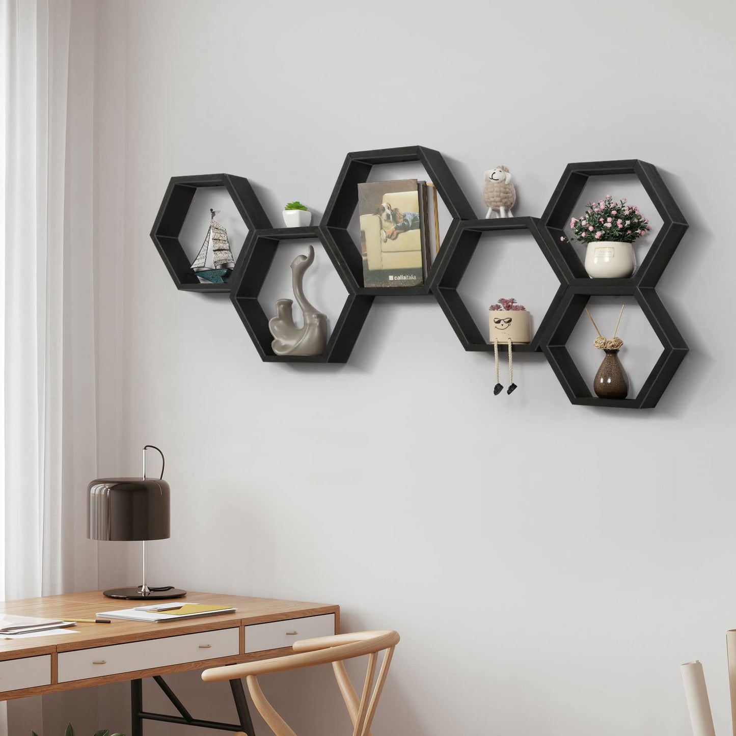 YBING Hexagon Floating Shelves Black Hexagon Shelves for Wall Wood Farmhouse Storage Honeycomb Shelves Set of 6 Hexagon Wall Mounted Home Decor Storage Shelves for Living Room Bedroom Office