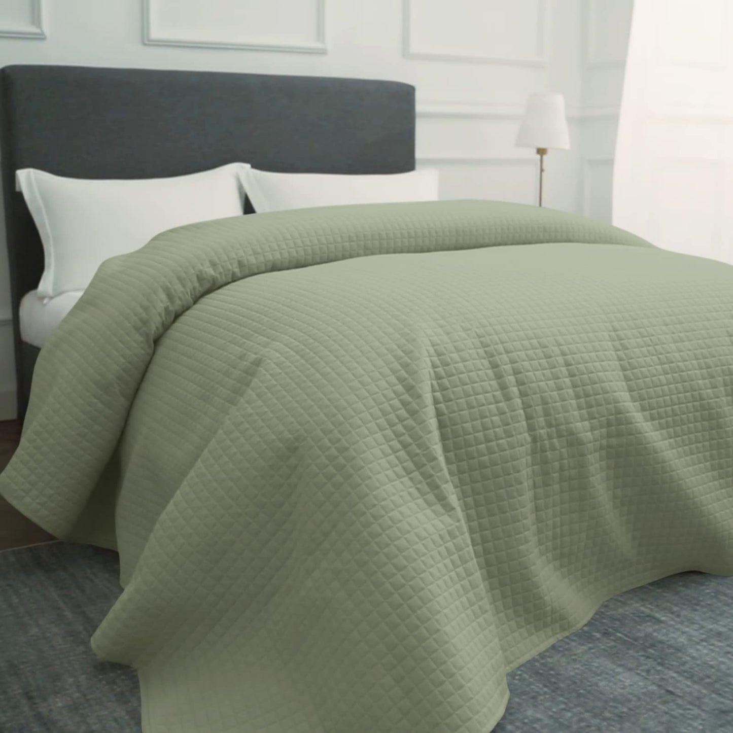 HollyHOME Luxury Checkered Super Soft Solid Single Pinsonic Quilted Bed Quilt Bedspread Bed Cover 102"x96", Sage Light Green, King