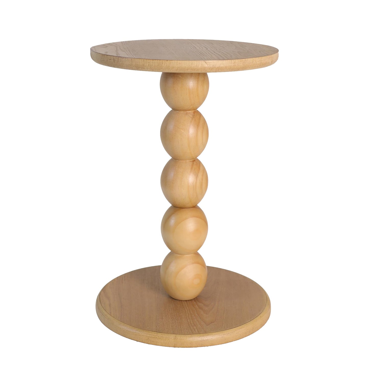 dwellington Small Round Wooden Side Table with Stacked Ball Pedestal Base, 12.4 X17.32 Accent Nightstand for Living Room, Bedroom, Corners (Natural)
