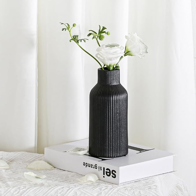 Bohemian Black Ceramic Vase - for Pampas Grass, Mantel, Bookshelf, Entryway and Living Room Decor (Black, 7in)