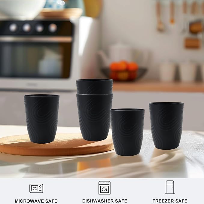 Wheat Straw Cups Sets of 6, Plastic Cups Reusable, Drinking Cup for Kitchen, Small Kids Cup, Unbreakable Water Cup, Dishwasher Safe Plastic Glasses for Kitchen, Camping, School (Black)