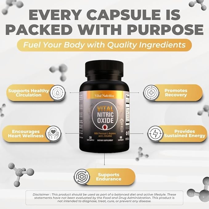 Vital Nitric Oxide Supplements for Men - Workout Booster Supplement for Men - Nitrous Oxide Boost Blood Flow, Blood Pressure, Energy & Workout Performance with L Arginine L Citruline-30 Days Supply