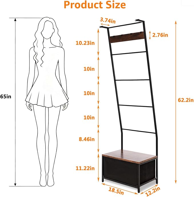 Metal Blanket Ladder with Storage Drawer, 5 Tier Black Blanket Ladders for the Living Room with Hooks, 5.2ft Wall Leaning Quilt Ladder for Blankets, Towels & Throws, Farmhouse Decor