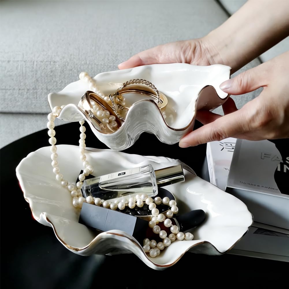 XIYOUQI White Shell Decorative Bowl – 7.9" Resin Clam Shell with Gold Rim, Coastal Centerpiece for Bathroom Vanity, Entryway, or Living Room, Jewelry Holder, Key Tray, Fruit Bowl, Beach House Decor