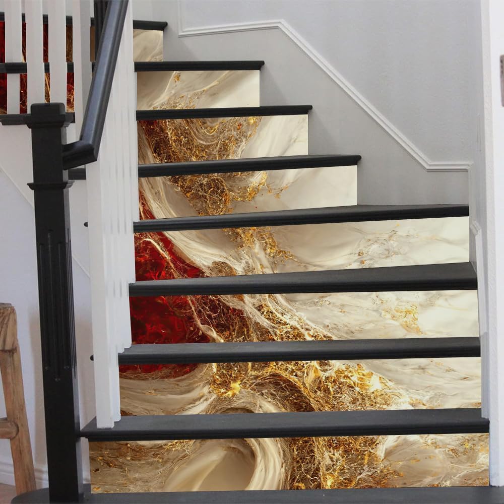 REDAMANCY Golden Ruby Crystal Fluid Marble Geometric Mosaic Peel and Stick Vinyl Stair Riser Decals Staircase Tile Stickers Decor Modern Marble Decoration Self-Adhesive(14 Pcs)