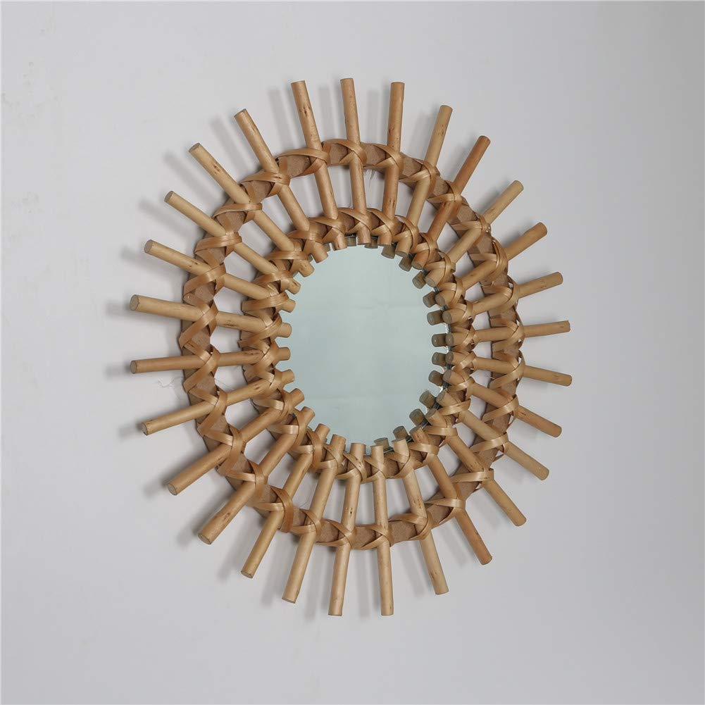 OYPEIP 12" Small Natural Rattan Sunburst Bohemian Hanging Glass Decor,Rustic Handwoven Innovative Art Decoration Round Makeup Mirror for Dressing Living Room Bedroom Bathroom Corridor,Entryway