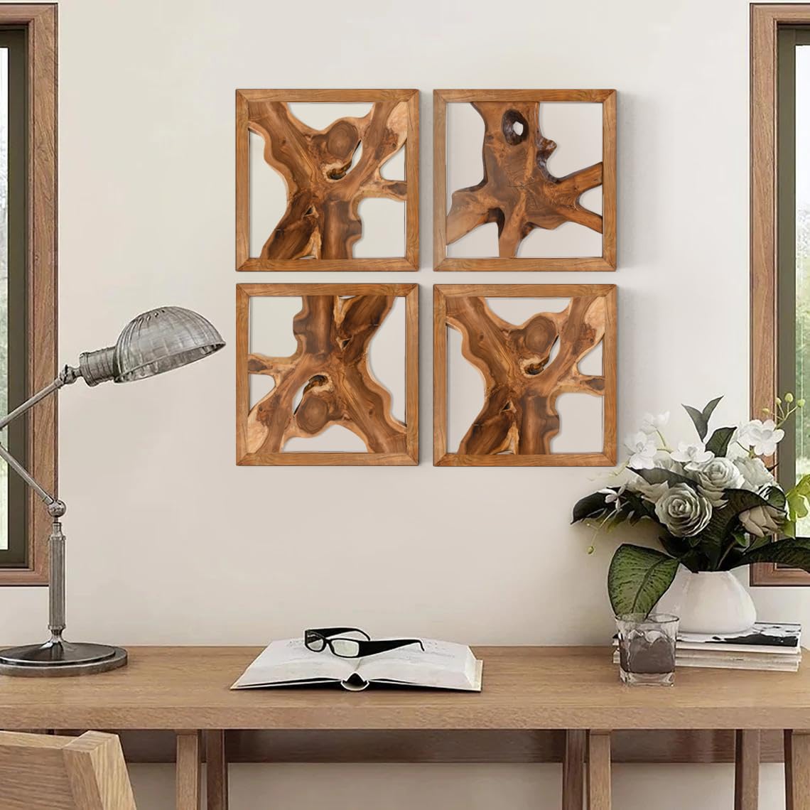 JOLLYMER Teak Wood Wall Decor, Rustic Wooden Wall Art, Handcrafted Home Decoration for Living Room Bedroom Office, 17"x17" Natural Frame