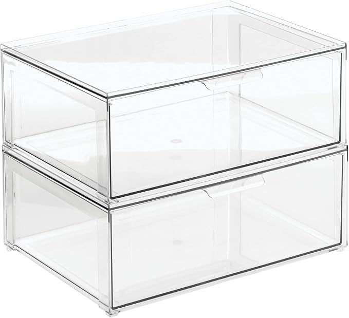 mDesign Plastic Stackable Bathroom Storage Organizer Bin Containers with Front Pull Drawer for Bathroom Countertop, Vanity, Closet Shelves - Holder for Accessories - Lumiere Collection, 2 Pack, Clear