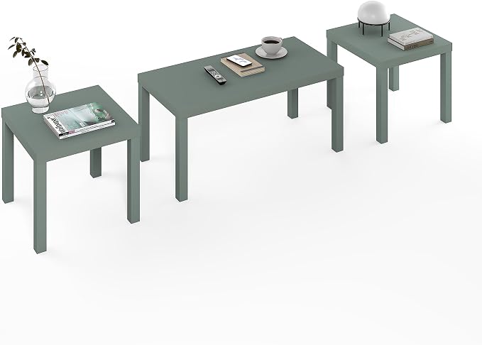 Furinno Classic Living Room Table Set of 3, Modern Rectangle Coffee Table with 2 Square Side Tables, End Tables, 1.8 Inch Thick Tabletop for Living Room, Home Office, Sage Green
