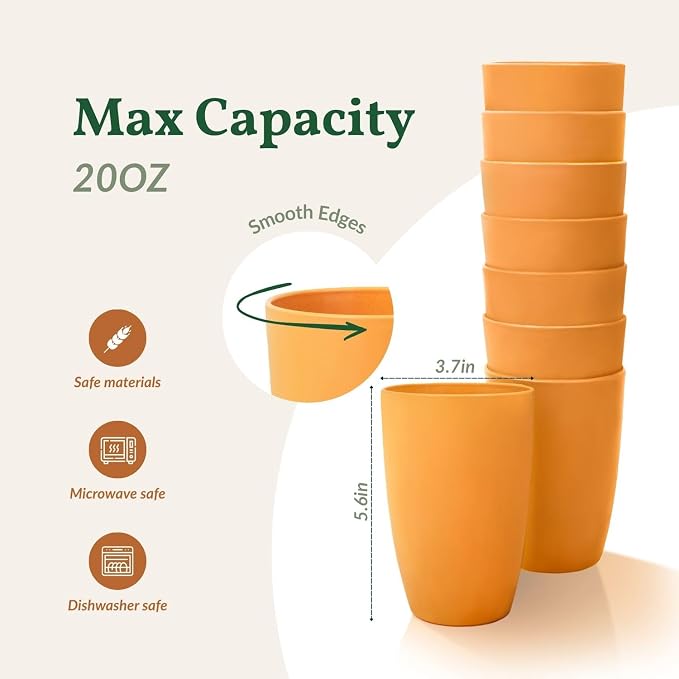 Homienly 8pcs Wheat Straw Fiber Cups, 20 Oz Reusable Drinking Cups, Unbreakable, Dishwasher Safe, Microwave Safe, BPA Free, Organic, Classic Style, Yellow