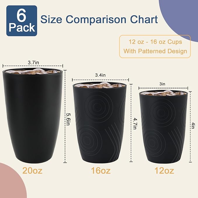 Wheat Straw Cups 6 Pcs 16 OZ Plastic Cup, Unbreakable Drinking Glasses, Lightweight Cup Set for Kitchen, Alternative to Plastic Cups Reusable Dishwasher Safe (Black)