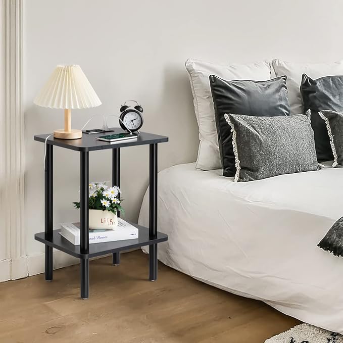 FORAOFUR End Table with Charge Station, Black Small Side Table with USB Ports and Outlets, Narrow Side Table for Living Room, Bedroom and Office, Small Nightstand with Charging Station