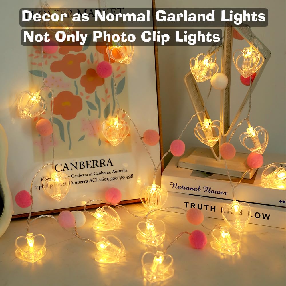 9.85Ft Photo Clip String Lights with 20 Cute Pompoms 20 LED Clear Heart Clips Fairy Lights for Hanging Pictures Photo Lights with Timer Ideal Gifts for Dorm Bedroom Wall Party Wedding Home Decorations