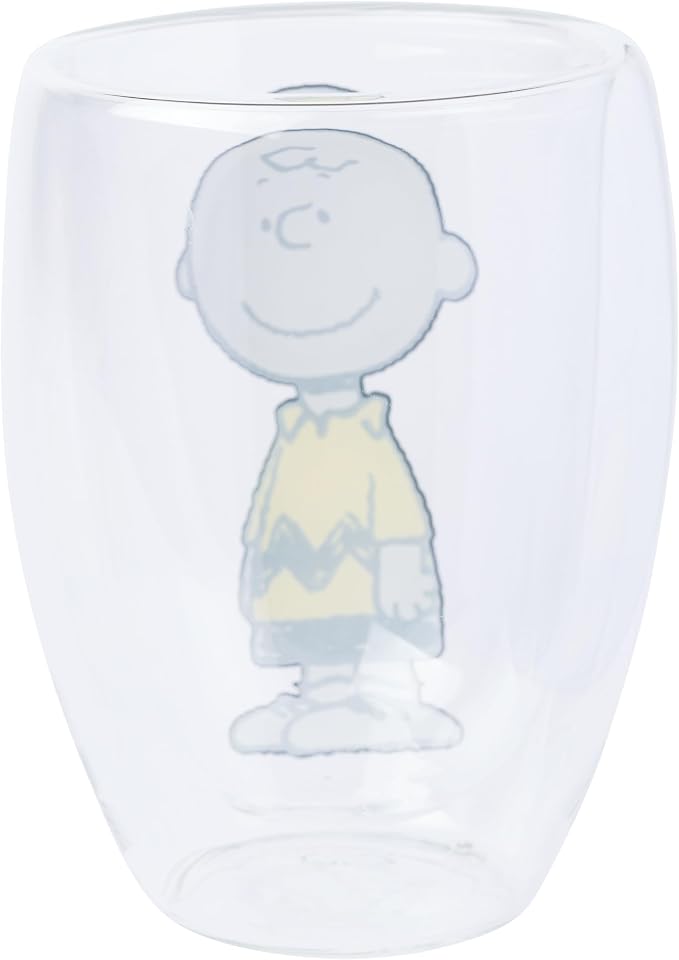 Silver Buffalo Peanuts 2 Piece Double Walled Glass Set Featuring Snoopy, Woodstock, and Charlie Brown, 12.5 Ounces