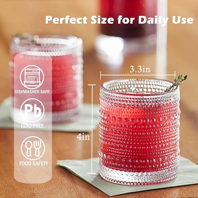 Hobnail Drinking Glasses set of 6 (13 oz), Vintage Glasses Drinking Set Cocktail Glasses, Embossed Glass Cup for Kitchen, Tumbler Glassware Set for Beer, Juice, Cocktail, Whiskey and Milk