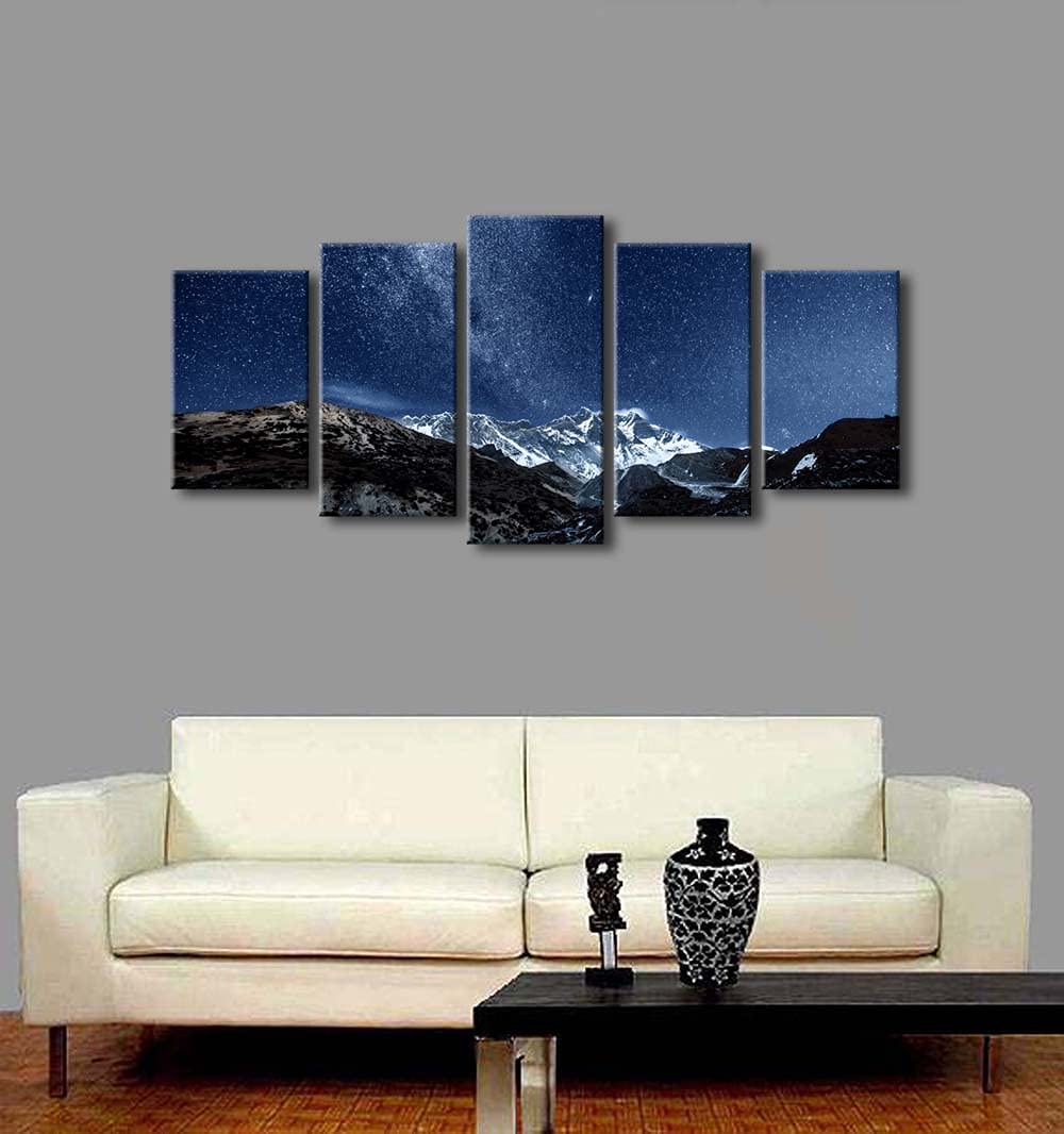 Pyradecor Blue Giclee Canvas Prints Wall Art Starry Night Sky Over Snowy Mountain Pictures Paintings for Living Room Bedroom Home Office Decorations 5 Piece Modern Milky Way Landscape Romance Artwork