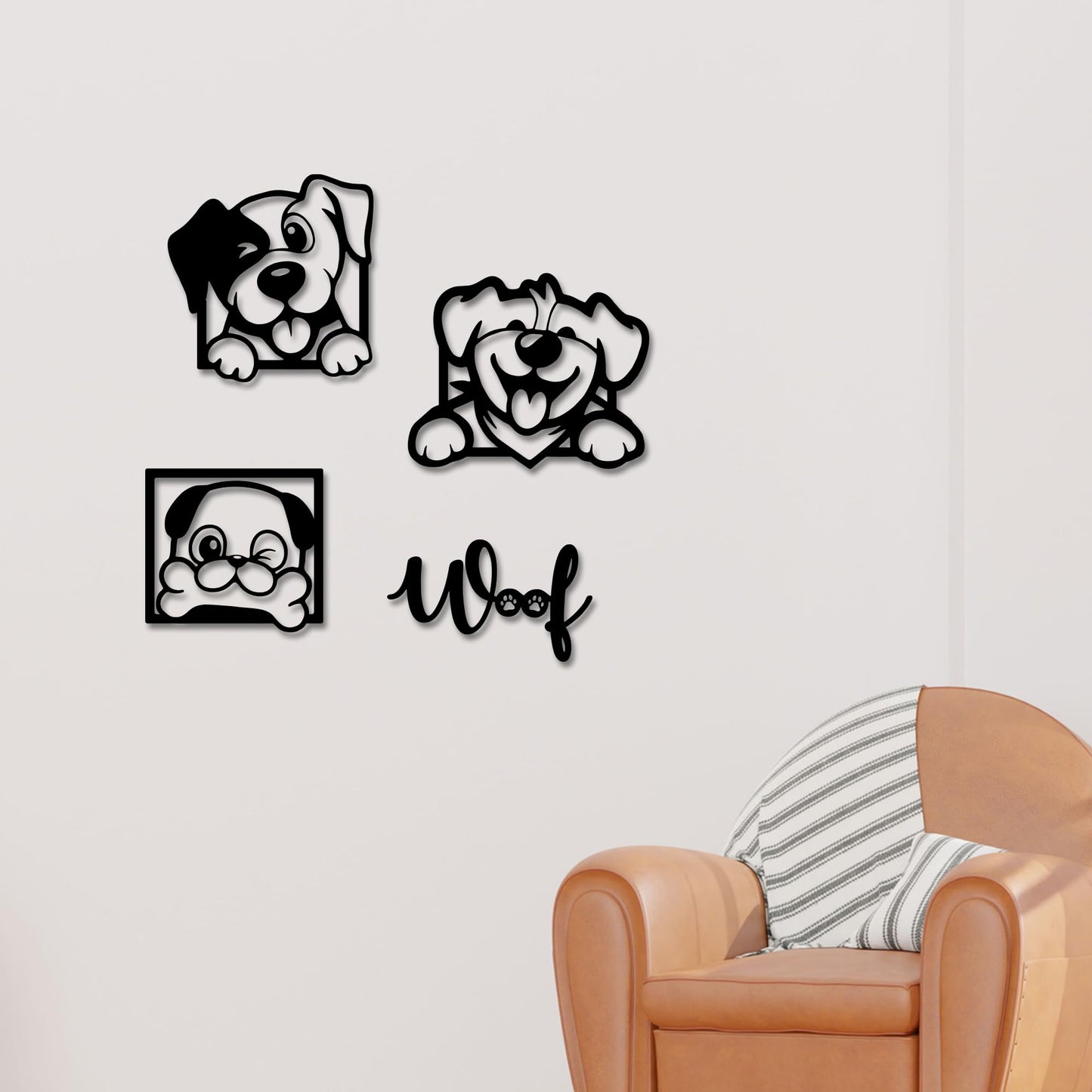 Rajukit 4-Piece Cartoon Metal Dog Wall Art Set, Dog Lover Gift for Indoor Home Décor, Playful Woof Design for Living Room, Bedroom, Office & Kitchen