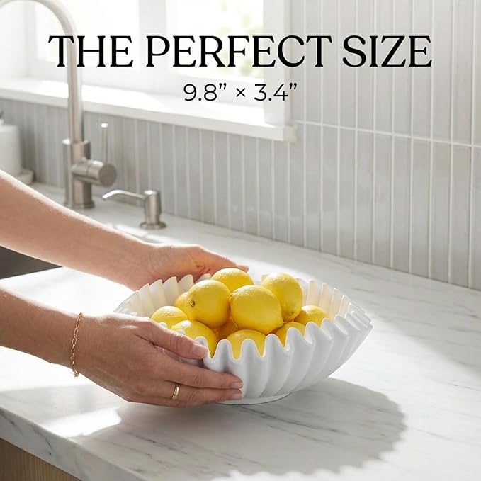 FESTGLOX White Decorative Bowl, Modern Handicraft Ruffle Key Bowls for Living Entryway Table, Decorative Fruit Bowl for Kitchen Counter, Coffee Tables
