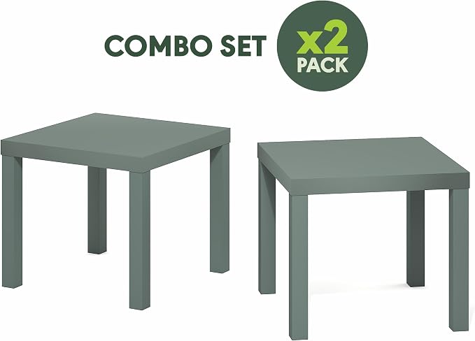 Furinno Classic Toolless Assembly Square Side Table Set of 2, Green End Table with 1.8 Thick Tabletop, Night Stand, Bedside Table, for Living Room, Bedroom, Light Sage