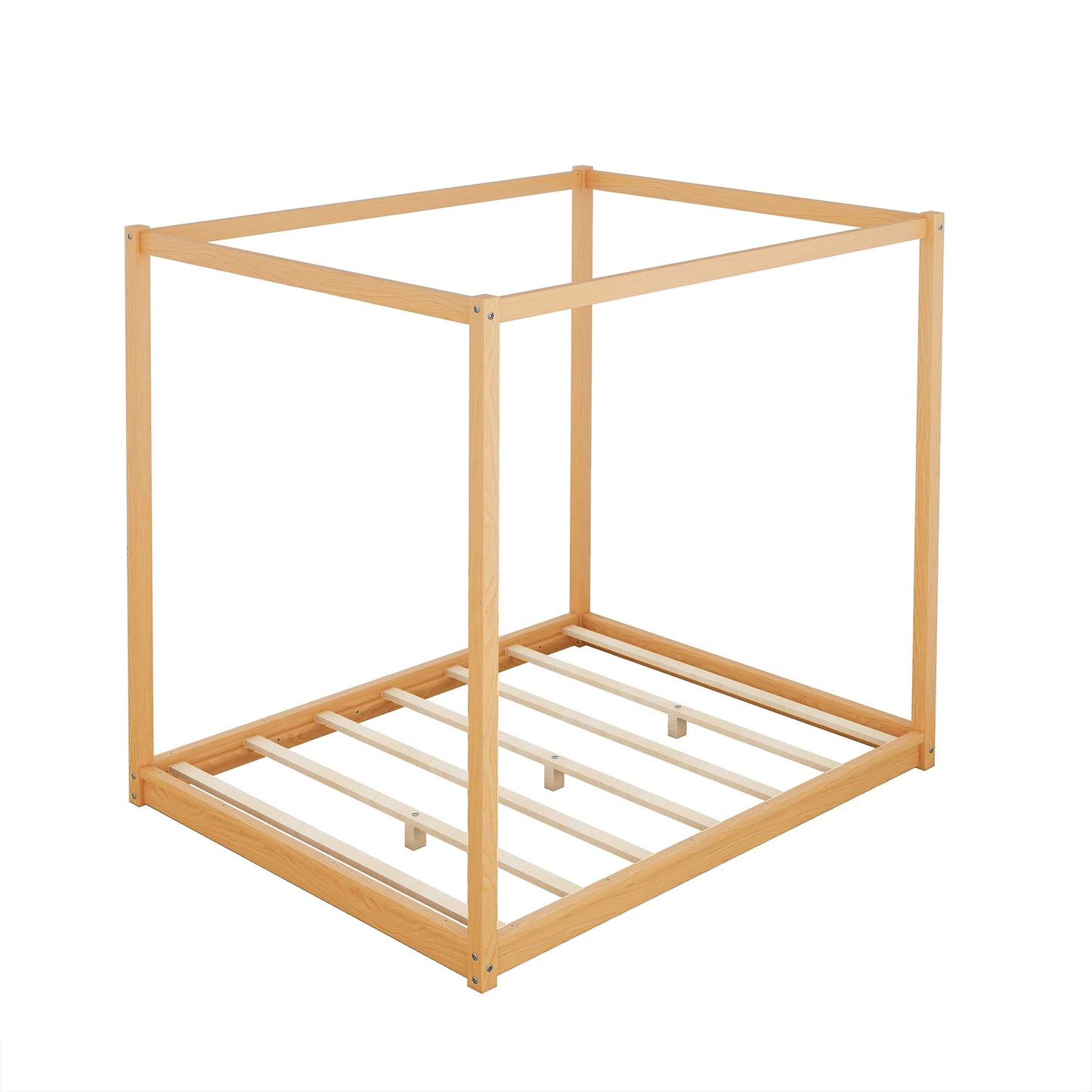 Queen Bed Frame with Canopy Legs, Wood Platform, Wooden Slats Support, No Box Spring Needed
