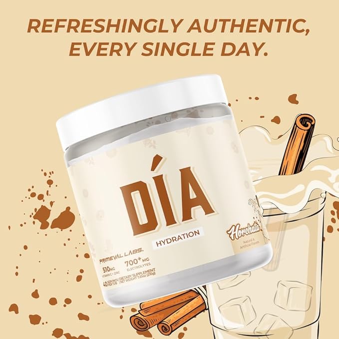 Primeval Labs Dia Hydration Electrolyte Powder | Vitamin C + Zinc, Taurine & Electrolytes | Low Sugar Daily Hydration Drink | 40 Serving Tubs | Horchata