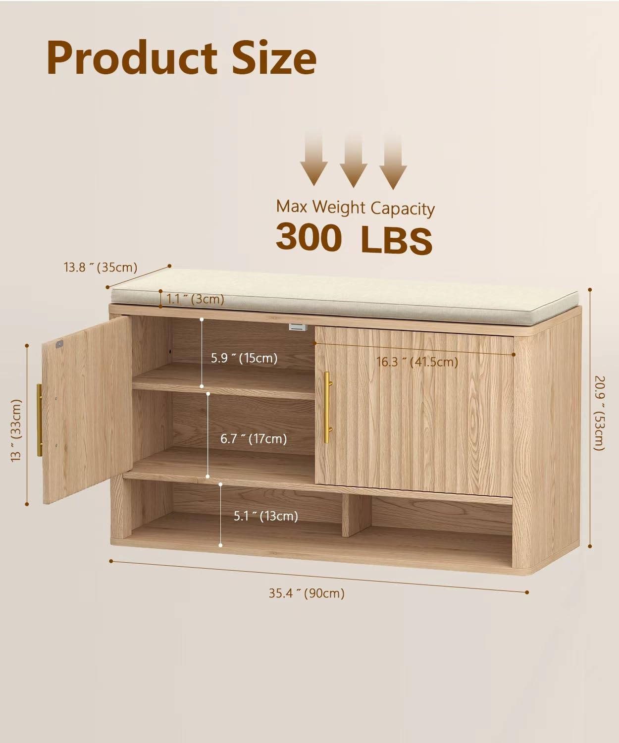 Zeibospri Fluted Shoe Storage Bench with Cushion, 3-Tier Entryway Bench with Adjustable Shelves and Open Bottom Shelf, Hidden Shoe Organizer Cabinet, for Hallway, Living Room, Bedroom, Natural Oak