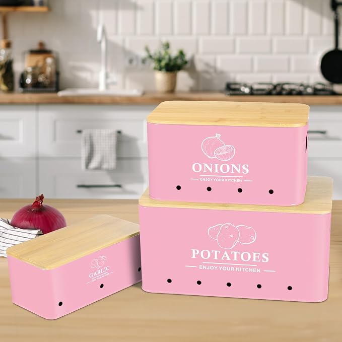 Kitchen Vegetable Storage Set of 3, Metal Onion Garlic Potato Storage Set, Kitchen Canisters Vegetable Keeper Containers with Aerating Holes and Bamboo Lid,Pink