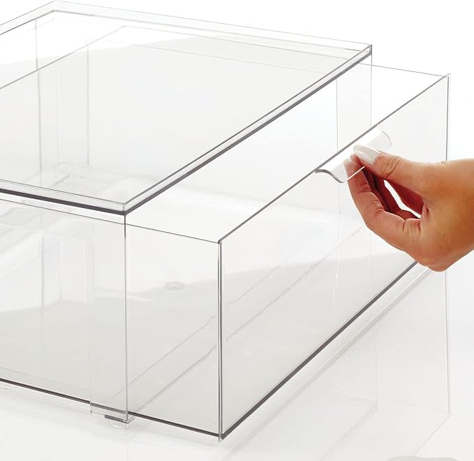mDesign Plastic Stackable Bathroom Storage Organizer Bin Containers with Front Pull Drawer for Bathroom Countertop, Vanity, Closet Shelves - Holder for Beauty Accessories - Lumiere Collection - Clear