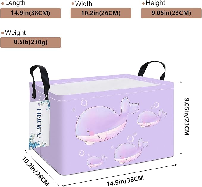 Rectangular Purple Whale Pattern Storage Bin, Decorative Canvas Laundry Basket with Dual Handles, Foldable Household Toy Organizer, Multipurpose Party Gift Basket for Bedroom Dorm