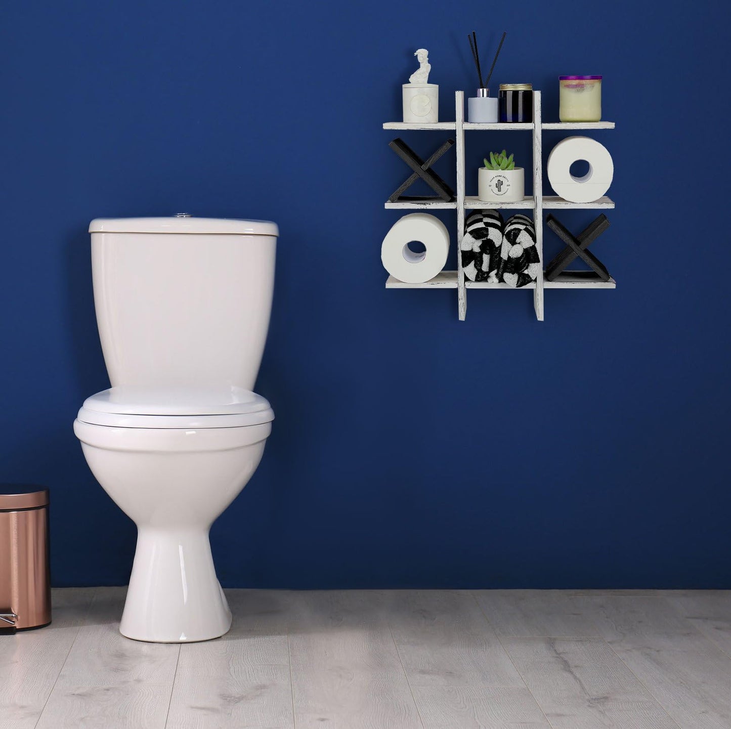 Weysat Tic Tac Toe Toilet Paper Holder Stand Bathroom Wall Decor Rustic Wooden Hanging Storage Freestanding Wall Mounted Shelves Decor for Toilet Tissue Farmhouse