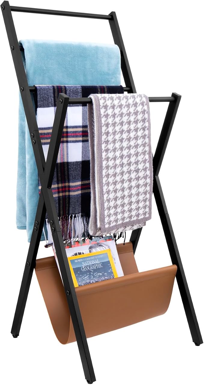 MyGift Blanket Ladder, Freestanding Blanket and Towel Rack with 4 Crossbars and Tan Leatherette Magazine Storage Holder – Modern Metal Floor Living Room or Bathroom Organizer Stand