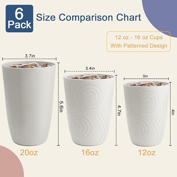 Drinking Glasses - Wheat Straw Cups Set of 6, Unbreakable Plastic Tumbler, Alternative to Plastic Glasses Drinking Reusable, Drinking Cup Dishwasher Safe Plastic Cups 12 OZ - White