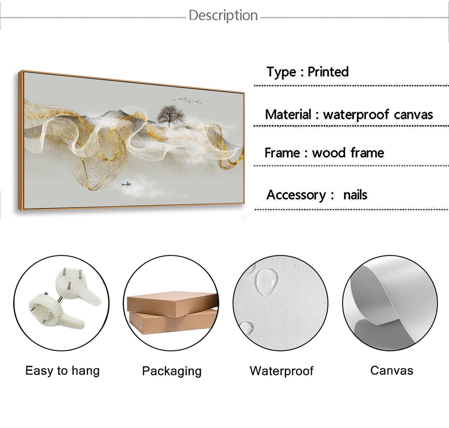HUADAOART Wall Art Modern Zen Light Luxury Natural Landscape with Golden and White lines Background Wall Decor Canvas Prints for Living Room Bedroom 20x40 Inches (Framed)